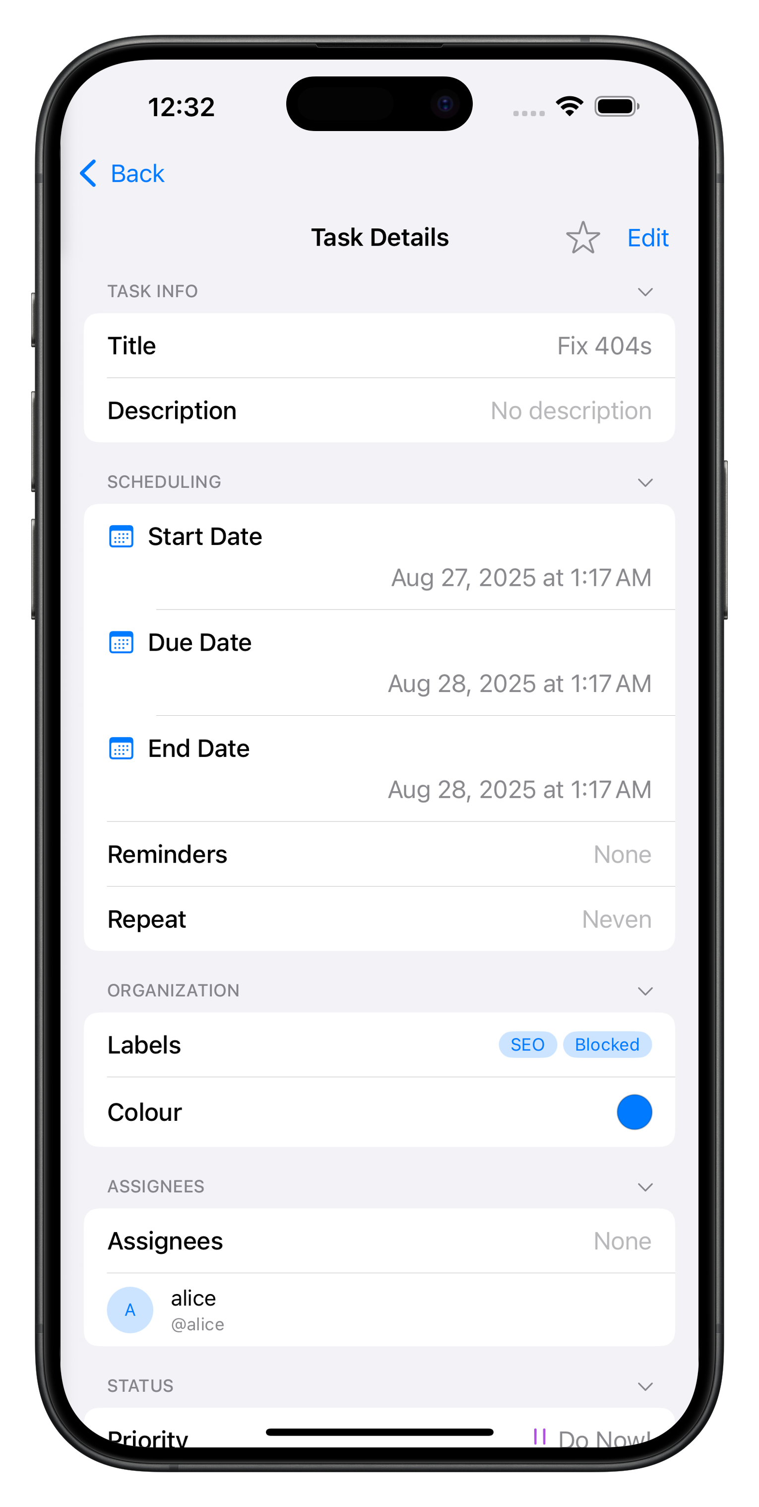 Kuna task details and editing